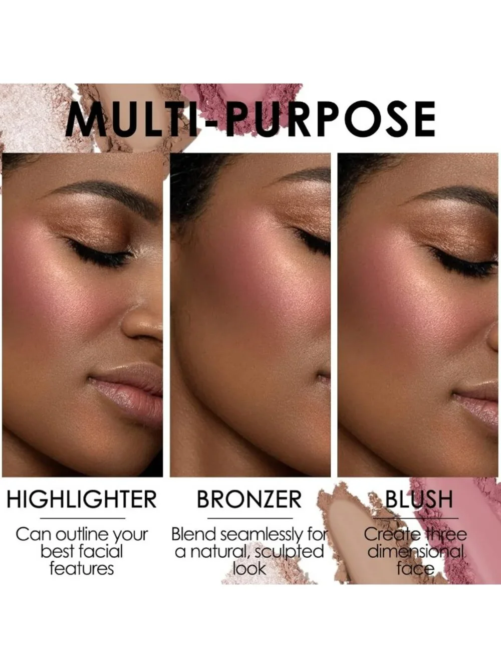 3-in-1 Contour Blush & Highlighter Palette, Cruelty-Free Matte Bronzer & Shimmer